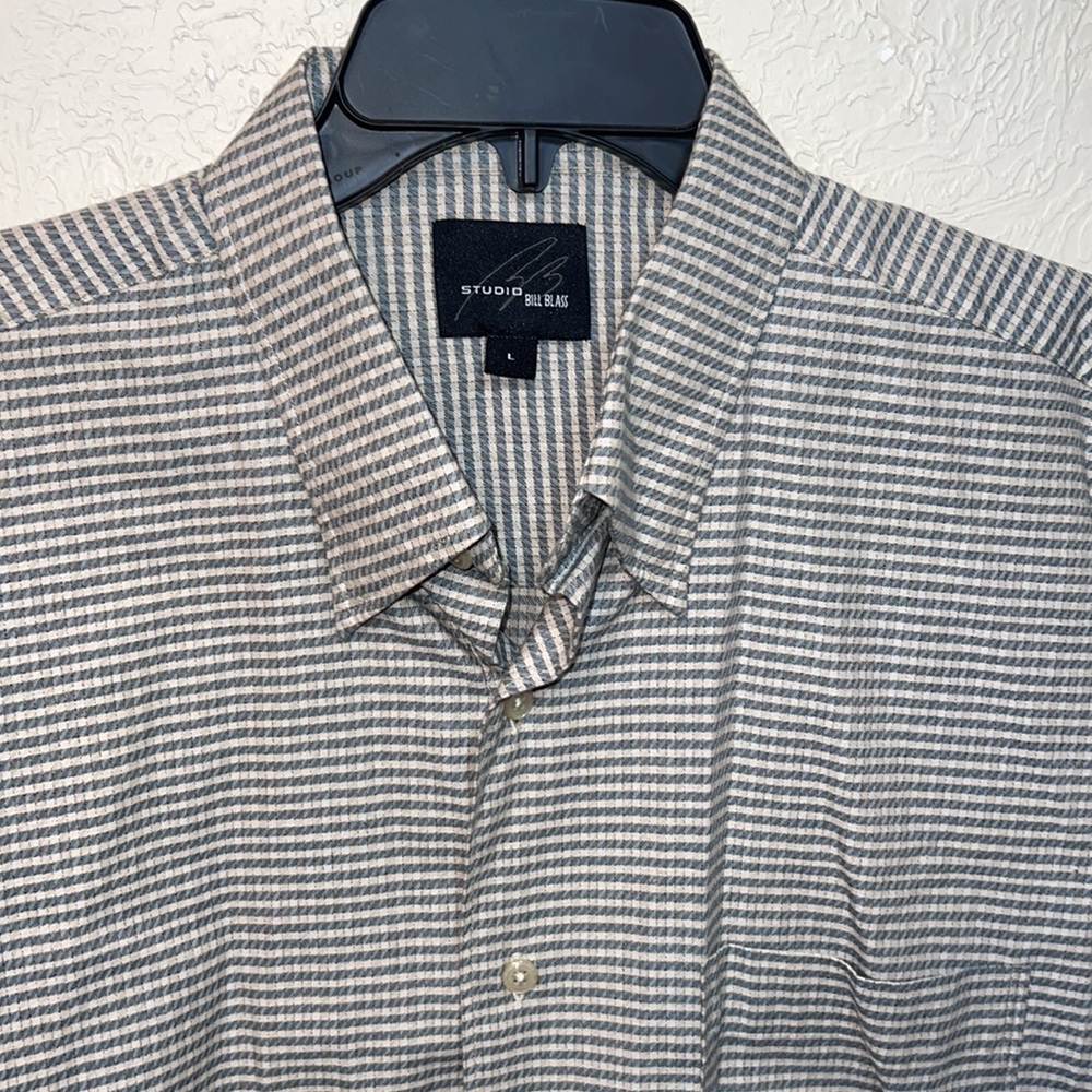 Bill Blass Studio Blue & Cream Checked Mens Button Down Short Sleeve Shirt